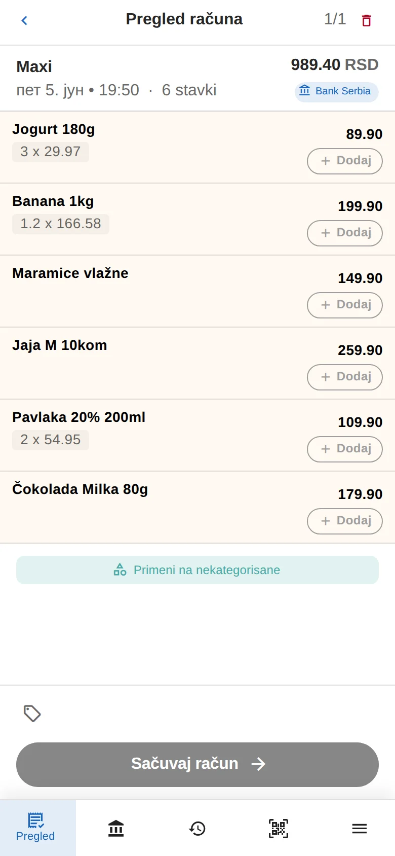 Prepoznate stavke računa